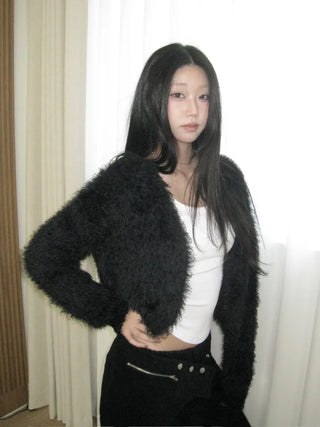 No-shedding Hitch Crop Moist Hairy Angora Knit Fur Cardigan CD