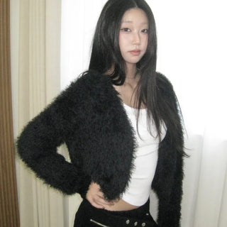 No-shedding Hitch Crop Moist Hairy Angora Knit Fur Cardigan CD