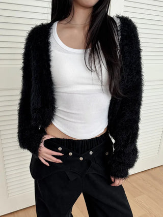 No-shedding Hitch Crop Moist Hairy Angora Knit Fur Cardigan CD