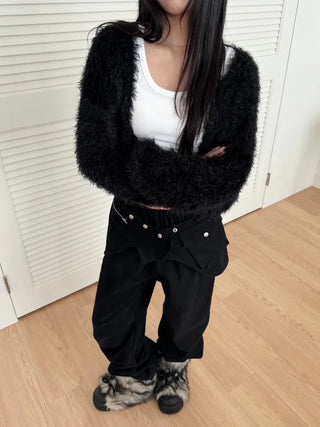 No-shedding Hitch Crop Moist Hairy Angora Knit Fur Cardigan CD