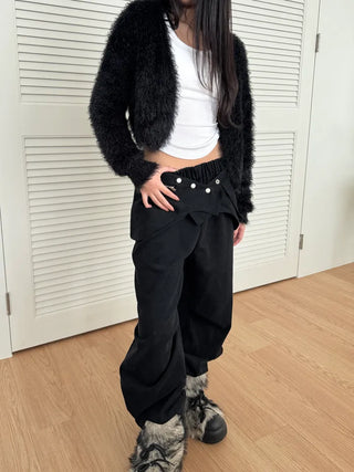 No-shedding Hitch Crop Moist Hairy Angora Knit Fur Cardigan CD