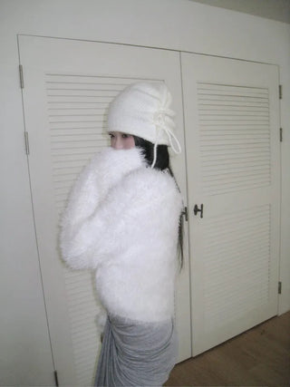 No-shedding Hitch Crop Moist Hairy Angora Knit Fur Cardigan CD