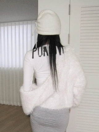 No-shedding Hitch Crop Moist Hairy Angora Knit Fur Cardigan CD