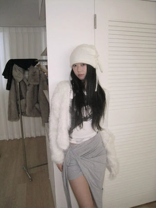 No-shedding Hitch Crop Moist Hairy Angora Knit Fur Cardigan CD