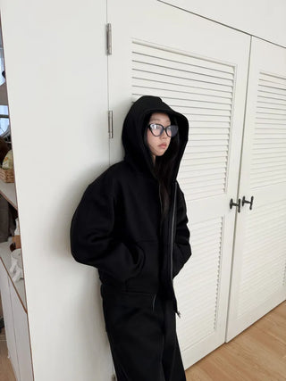 city setup big hood two-way zipper loose fit oversized hooded zip-up