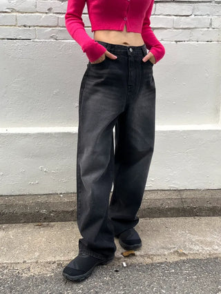 Black washed wide denim pants