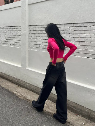 Black washed wide denim pants