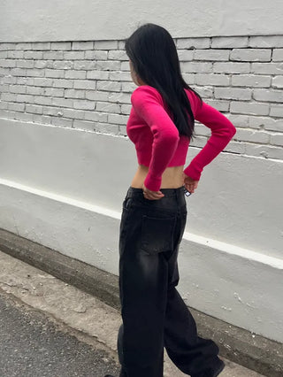 Black washed wide denim pants