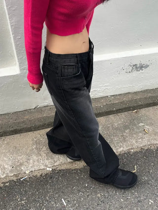 Black washed wide denim pants