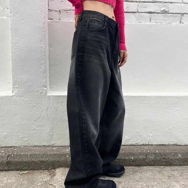 Black washed wide denim pants