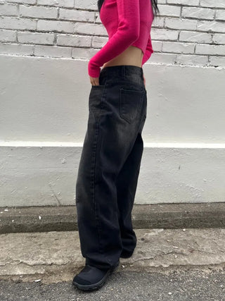 Black washed wide denim pants