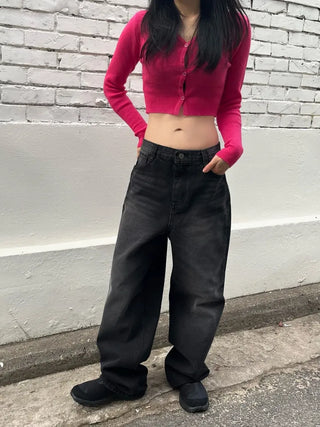 Black washed wide denim pants