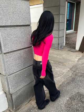 Black washed wide denim pants