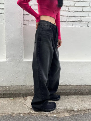 Black washed wide denim pants