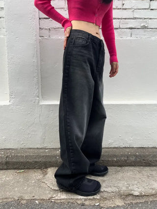 Black washed wide denim pants