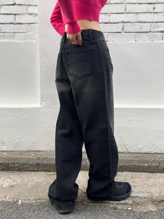 Black washed wide denim pants