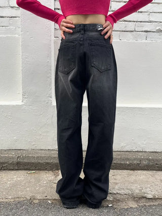 Black washed wide denim pants