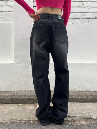 Black washed wide denim pants