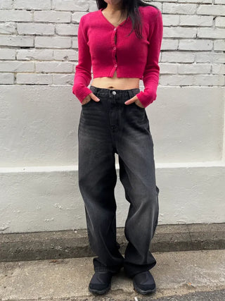 Black washed wide denim pants