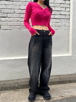 Black washed wide denim pants