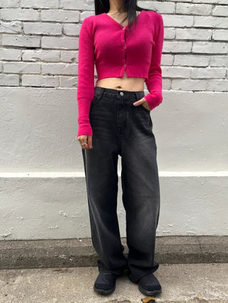 Black washed wide denim pants