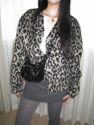 wool V-neck leopard print leopard print fur cardigan jacket