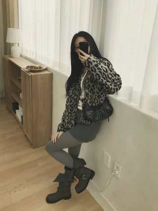 wool V-neck leopard print leopard print fur cardigan jacket
