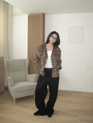 wool V-neck leopard print leopard print fur cardigan jacket
