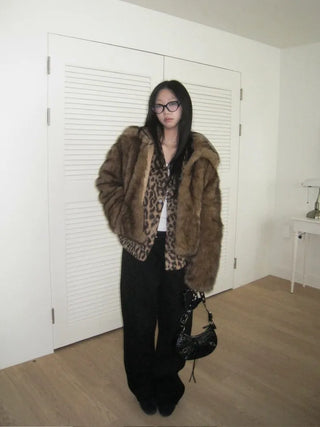 wool V-neck leopard print leopard print fur cardigan jacket