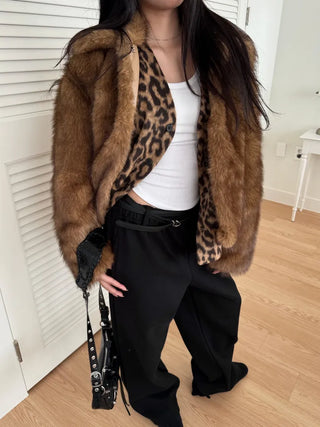 wool V-neck leopard print leopard print fur cardigan jacket