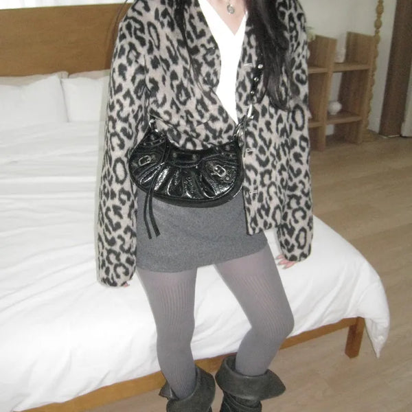 wool V-neck leopard print leopard print fur cardigan jacket