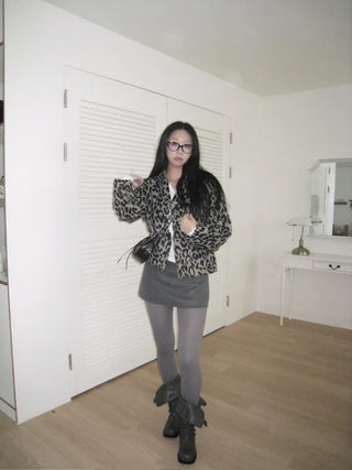 wool V-neck leopard print leopard print fur cardigan jacket