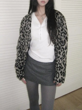 wool V-neck leopard print leopard print fur cardigan jacket