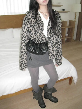 wool V-neck leopard print leopard print fur cardigan jacket