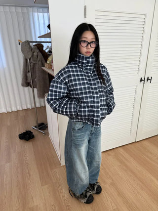 Duck down high-neck shibori blue check short padding