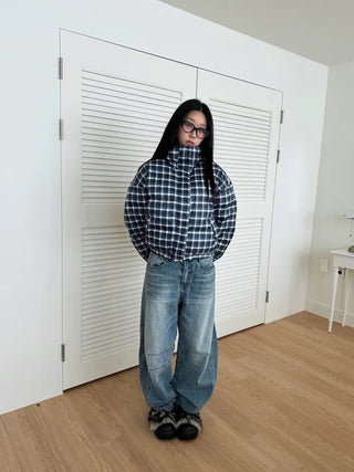 Duck down high-neck shibori blue check short padding