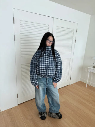 Duck down high-neck shibori blue check short padding