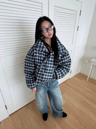 Duck down high-neck shibori blue check short padding