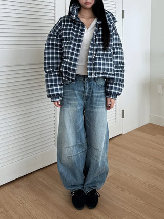 Duck down high-neck shibori blue check short padding