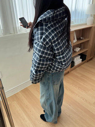 Duck down high-neck shibori blue check short padding