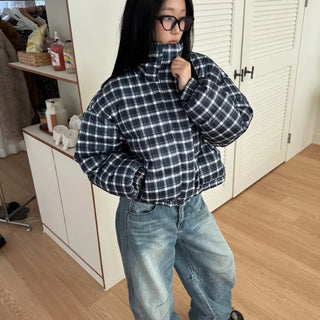 Duck down high-neck shibori blue check short padding