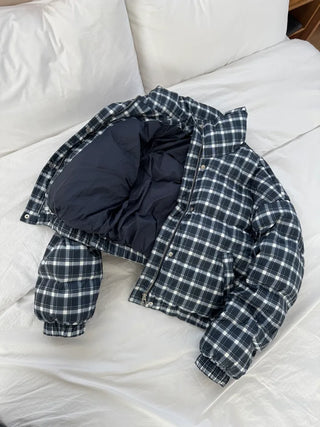 Duck down high-neck shibori blue check short padding
