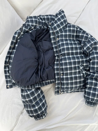 Duck down high-neck shibori blue check short padding