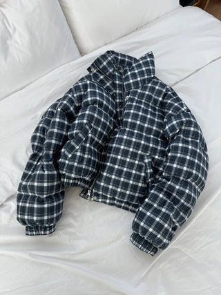 Duck down high-neck shibori blue check short padding