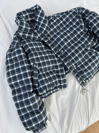 Duck down high-neck shibori blue check short padding