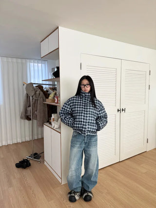 Duck down high-neck shibori blue check short padding