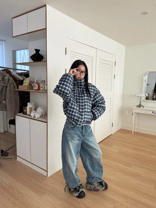 Duck down high-neck shibori blue check short padding