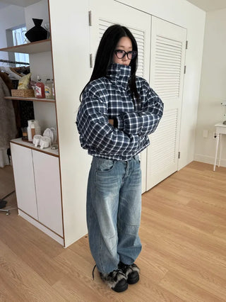 Duck down high-neck shibori blue check short padding