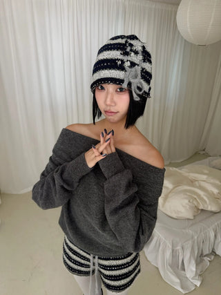 striped ribbon knit beanie