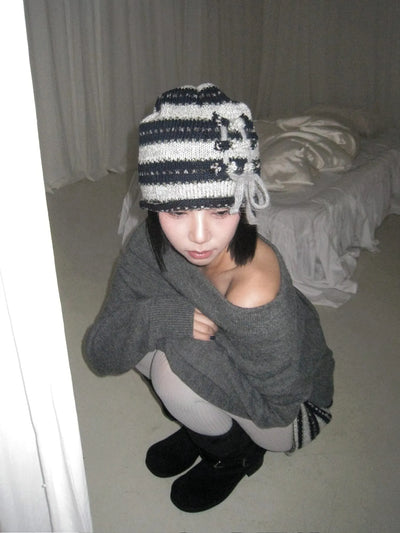 striped ribbon knit beanie